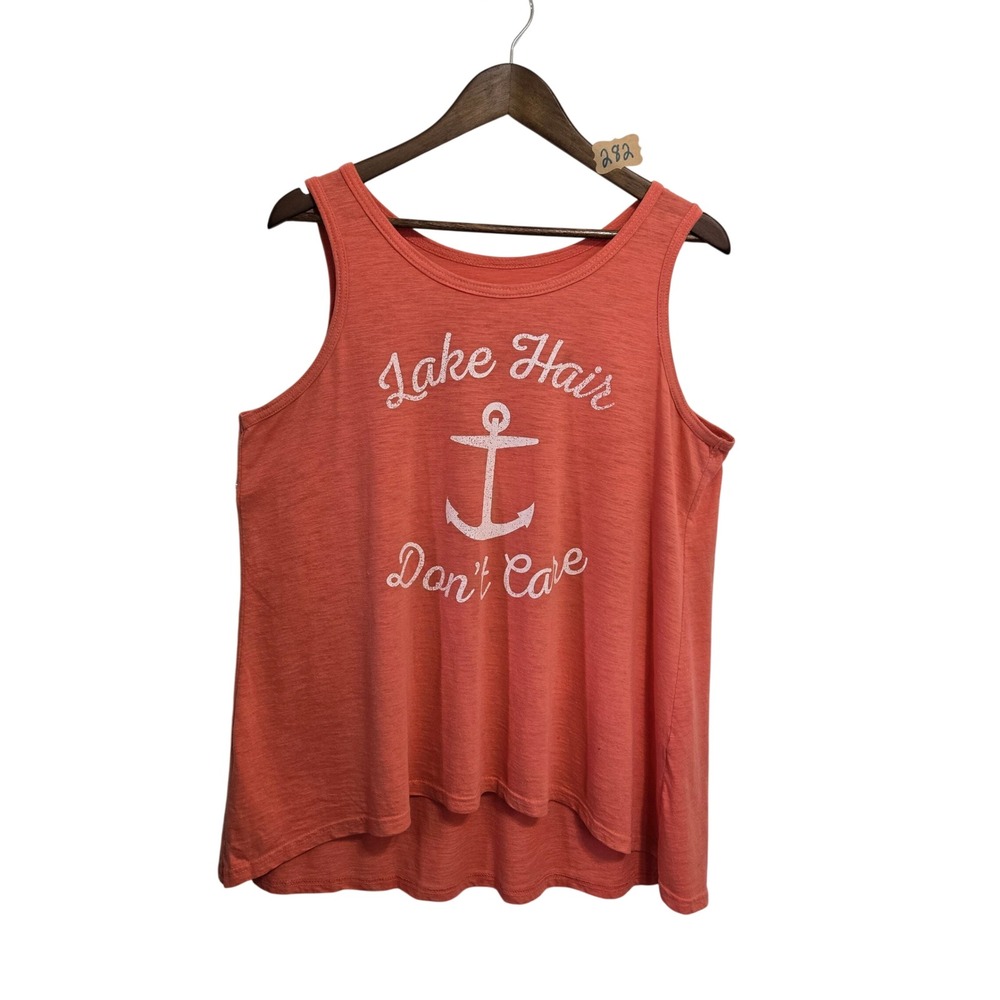 Ace USA Womens XL Coral Lake Hair Don't Care Graphic Tank Top High Low Hem